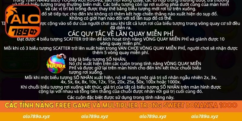 Các tính năng Free Game và multiplier trong Sweet Bonanza 1000